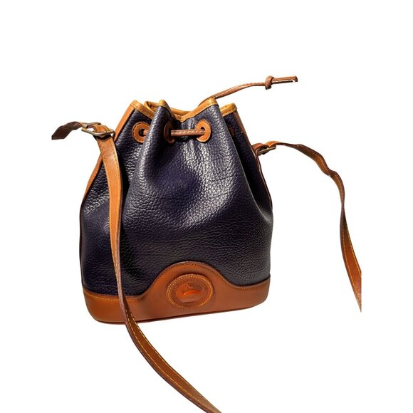 Dooney Bourke Drawstring Bucket Bag Pebbled Leather Navy blue Brown Medium - Picture 1 of 9